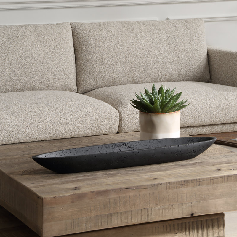 Black Oval Cast Stone Canoe Bowl with Stand