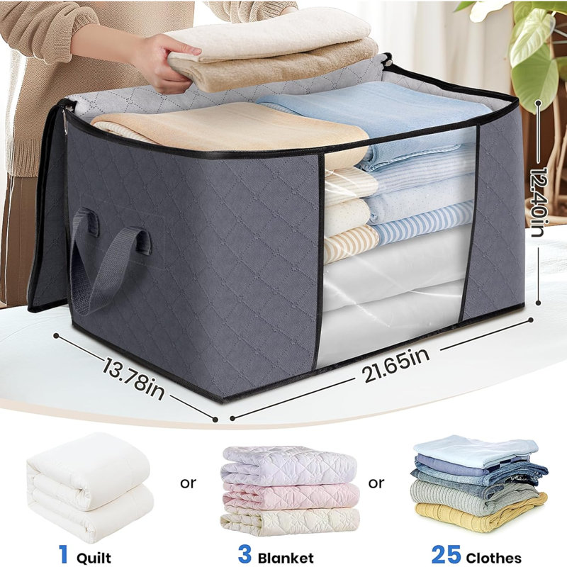 3-Pack Clothes Storage, Foldable Blanket Storage Bags, Storage Containers For Organizing Bedroom, Closet, Clothing, Comforter, Organization And Storage With Lids And Handle, Grey