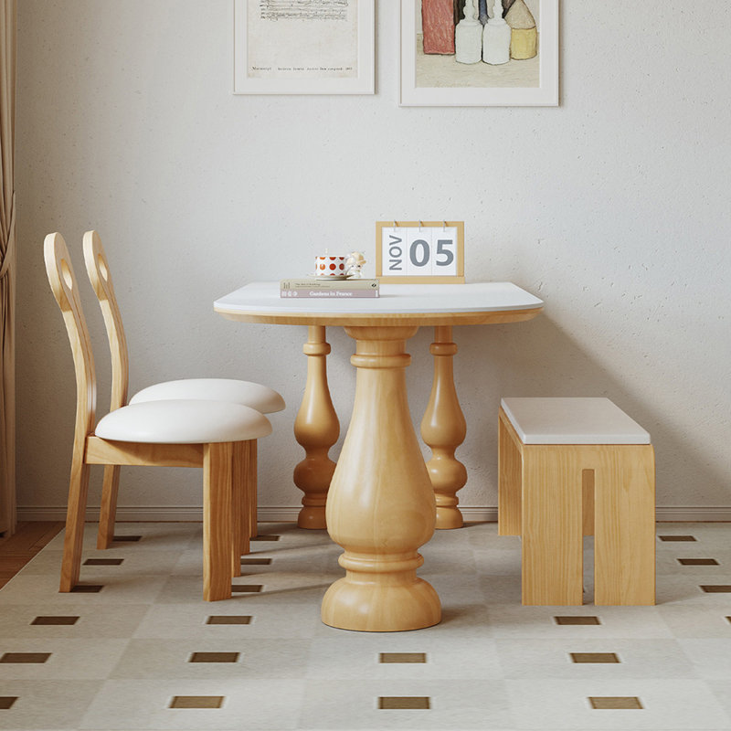 Table de salle à manger demi-cercle en bois massif et pierre frittée, aspect bois de ronce blanc