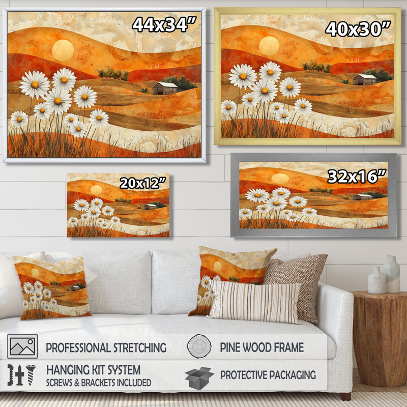 «Daisies Flowers Barn Bold Landscape I - Daisies», reproduction sur toile, H 30 po x l 40 po, Crème, crème