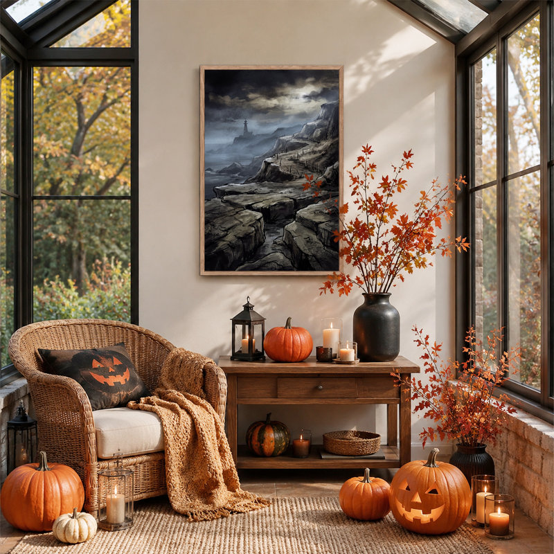Art sur toile, "Phare noir sur chemin de falaise rocheuse sous Halloween", 48"H x 32"W