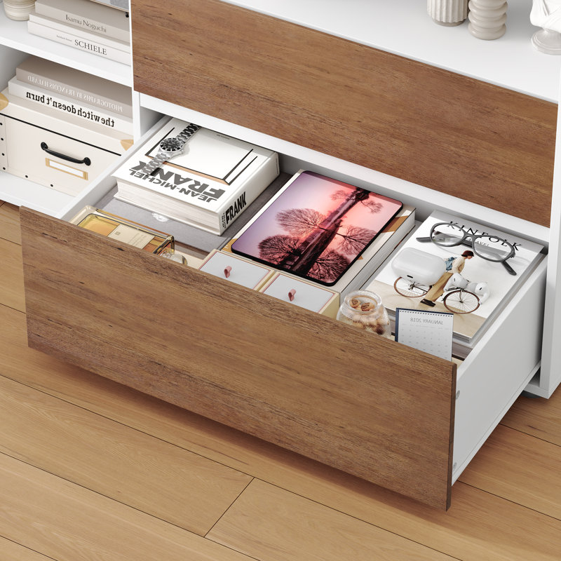 7 Storage Organizer Bookcase With Drawers & Adjustable Shelves, Horizontal Bookshelf For Bedroom, Living Room, Office