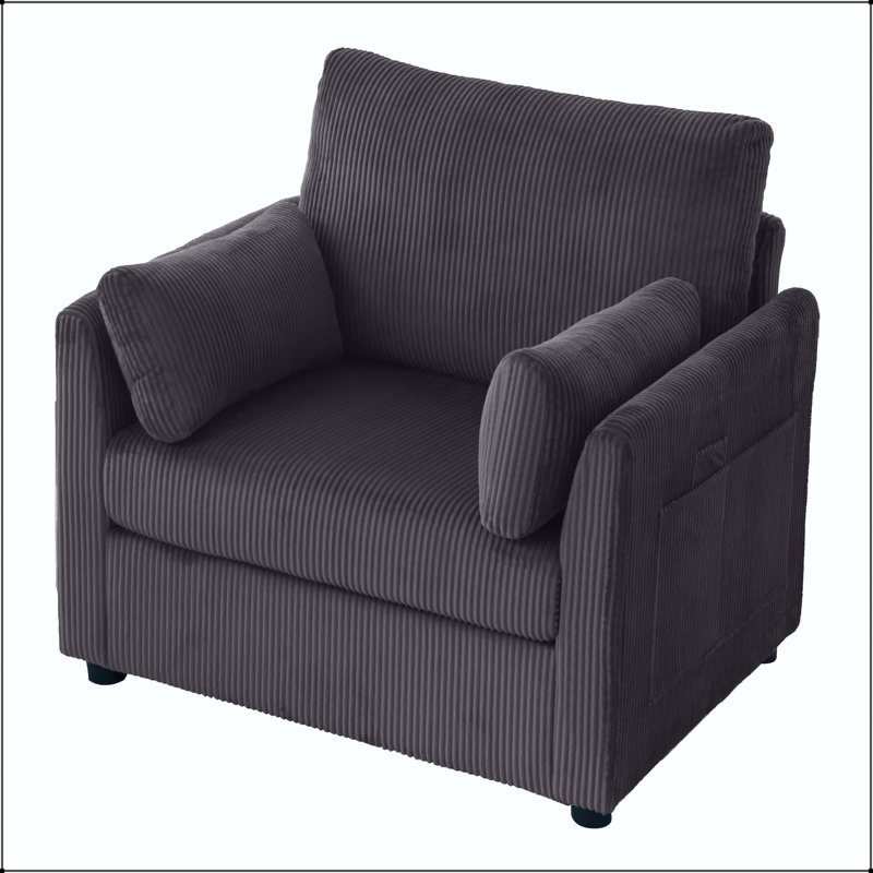 Fauteuil d'appoint 37,75 po en velours côtelé avec poches de rangement latérales et 2 coussins, Grey