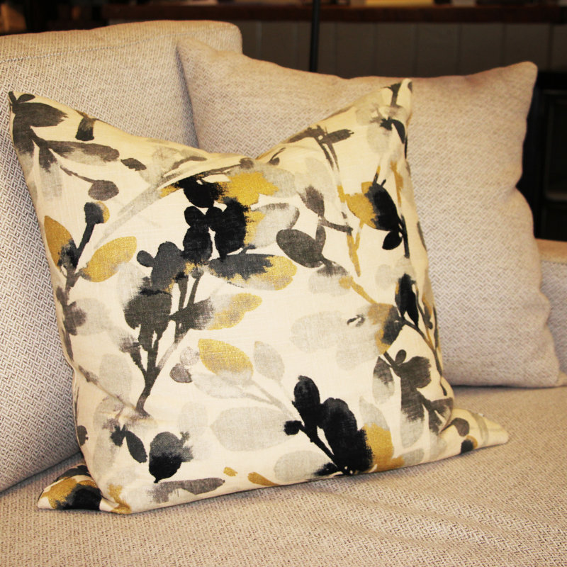 Leaf Graphite Floral Linen Throw Pillow, Gray