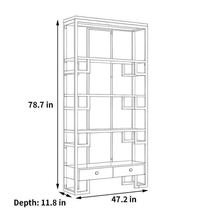 A light luxury and elegant bookcase, (4 Shelves) 78.7"H x 47.2"W x 11.8"D, Black/Gold