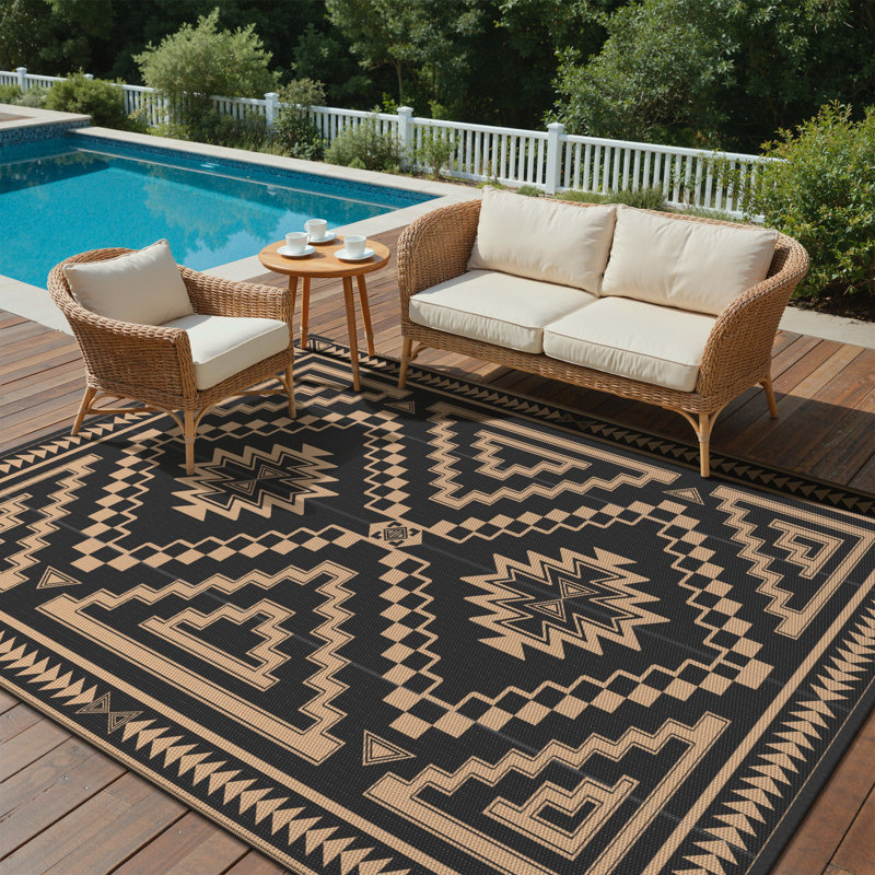 Tapis d'extérieur réversible en plastique imperméable Shimeek, noir et brun, rectangulaire 9 pi x 12 pi, brun noir, Brun-noir