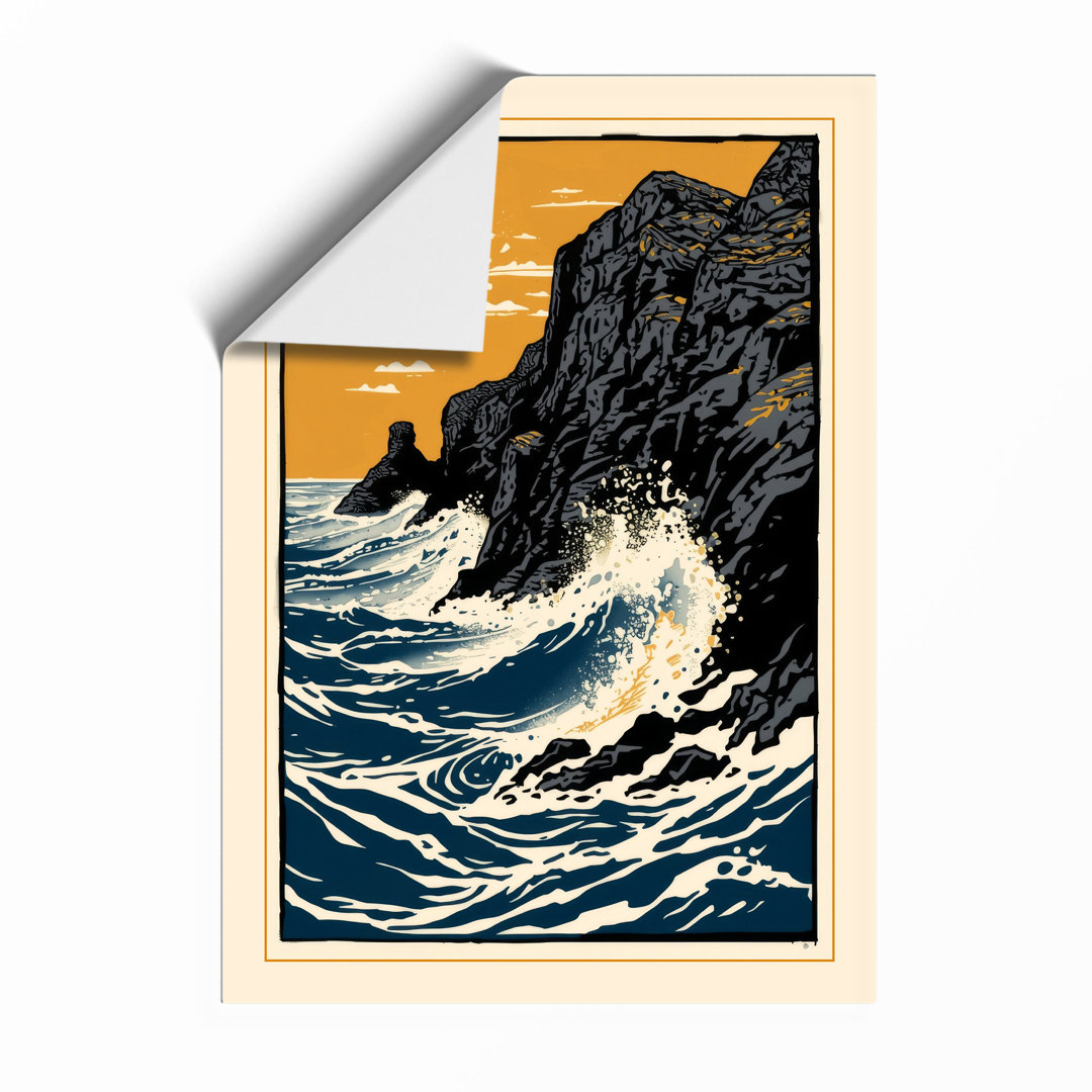 Cliff and Crashing Waves Coastal - Framed Print