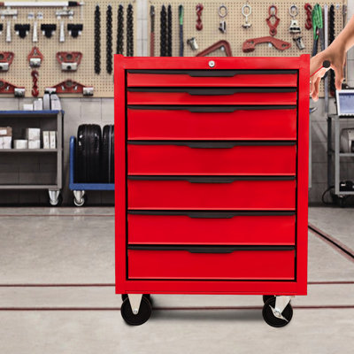 7 Rolling Metal Tool Cabinet - Box With Cylinder Lock For Garage, Workshop, Warehouse Red Wheels Heavy-Duty Chest Work Shop