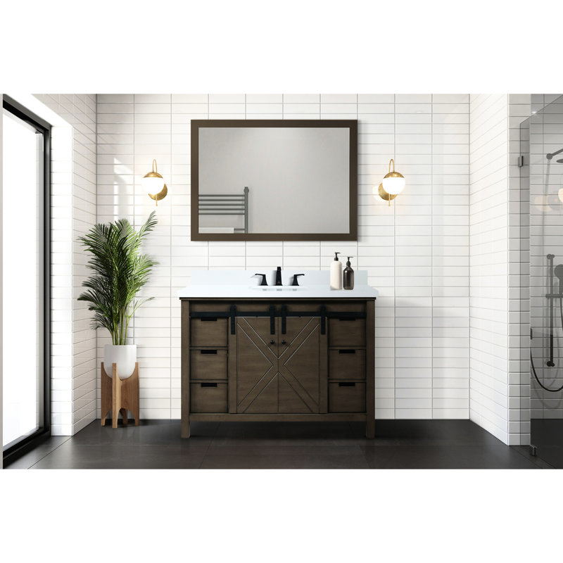Brun rustique 48 po Meuble-lavabo X 22 avec comptoir en marbre et robinet - fermeture en douceur, grand espace de rangement, dommages au comptoir, compartiments
