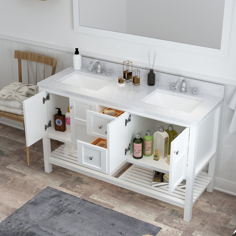 60 po X P 22 po P 35,4 po Meuble-lavabo gris H avec comptoir et lavabo blancs, Blanc