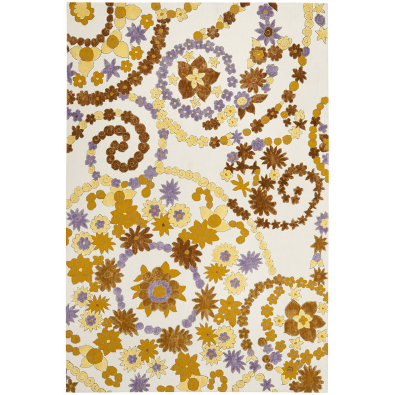 Tapis jaune en laine à motif floral Wilton, Rectangle 8 pi x 10 pi