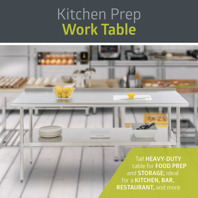 Stainless Steel Kitchen Prep/Work Table, with Adjustable Under Shelf and Backsplash, 60X24, 36" H x 72" W x 30" D