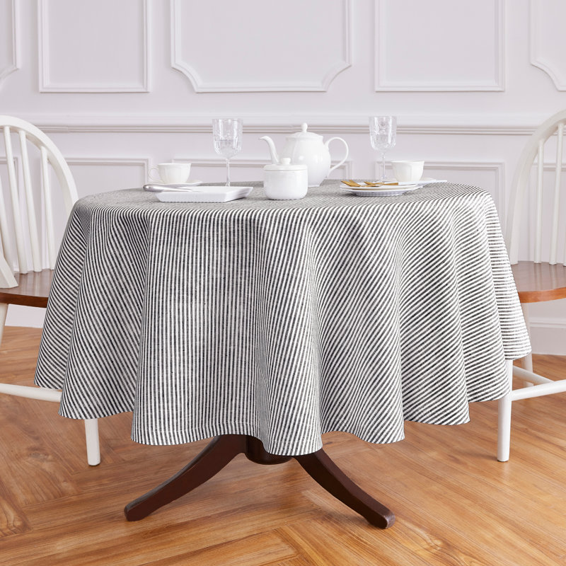 Narrow Stripe - 100% Pure Linen Tablecloth, Black/White, 60" Round