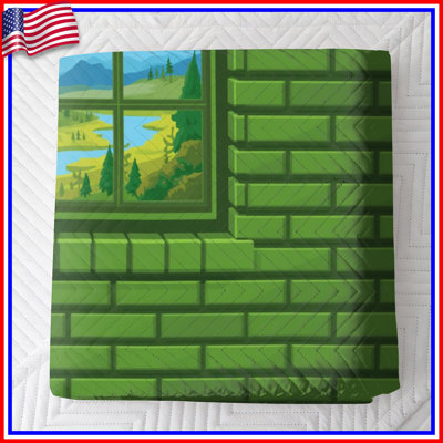 Green Brick Wall Window Quilted Bedspread All Sizes