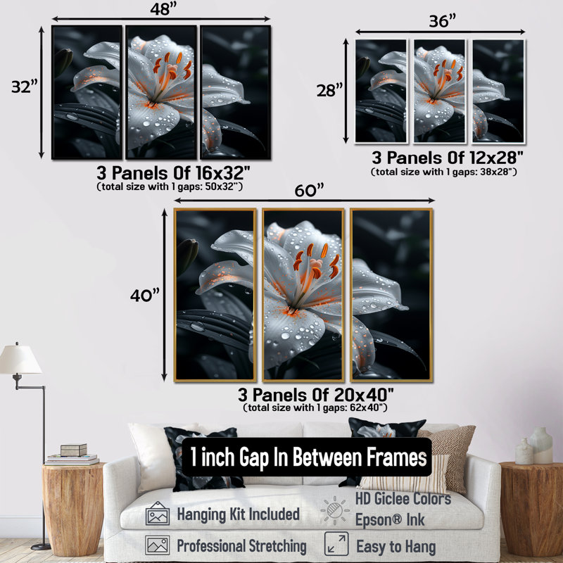 Ensemble de salon art mural blanc lys, H 28 po x l 36 po x P 1 po, Toile avec cadre flottant or