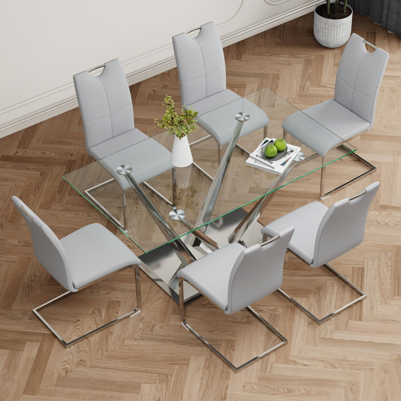 Ensemble de table de salle à manger, table de salle à manger en verre avec base en acier inoxydable, 6 chaises de salle à manger et de cuisine
