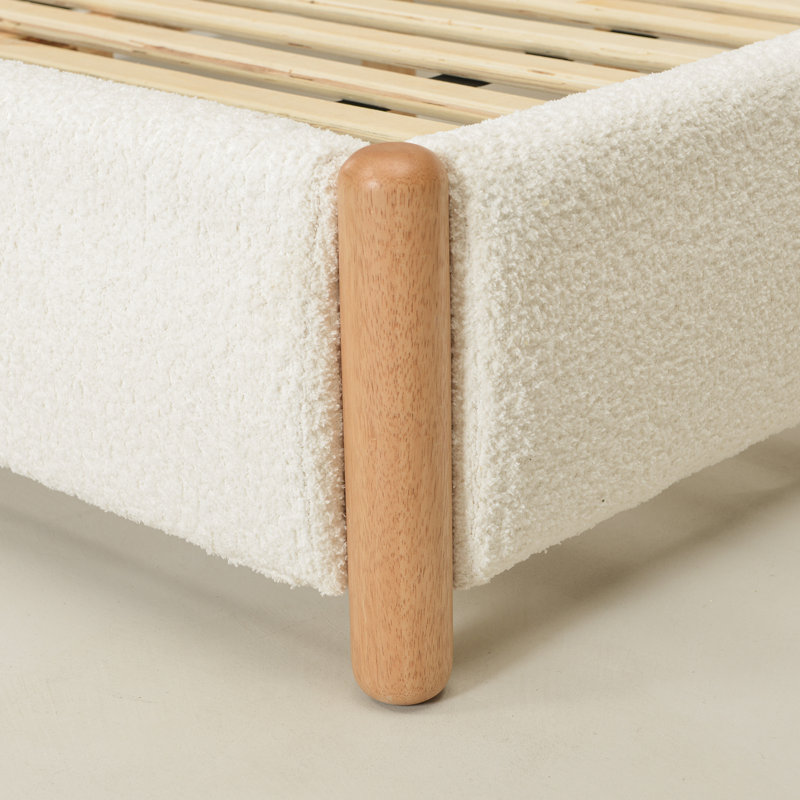 Structure de lit plateforme double avec tête de lit tapissier en tissu et support à lattes de bois, aucun sommier nécessaire