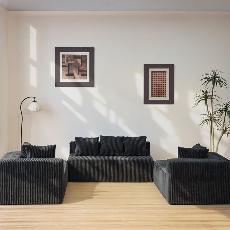 Modular U-Shaped 4 Black Striped Corduroy , Freely Configurable For Bedroom, No Assembly, Comfortable Seat Configuration, Medium-Soft Seats Design,
