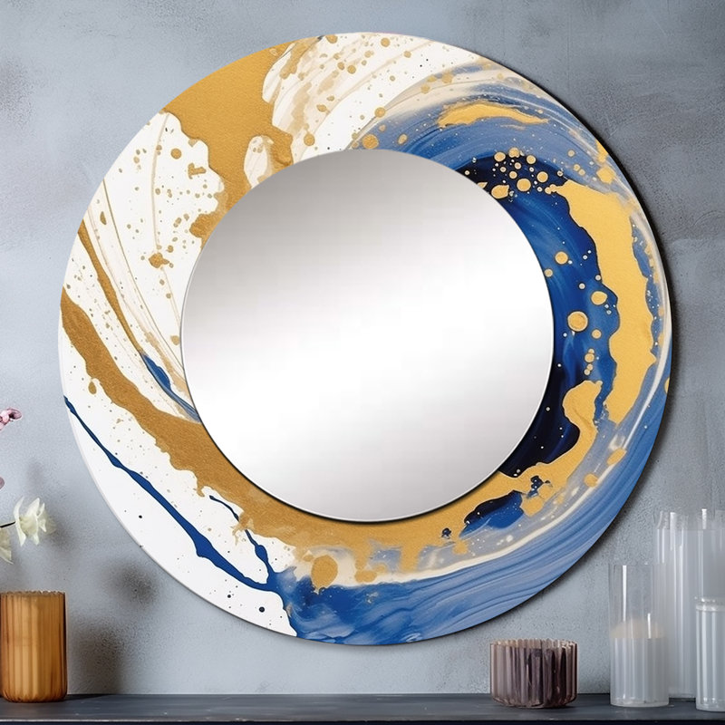 Bleu foncé et or Spiral III - abstrait spirales murales uniques, miroir rond bleu, impression d'art en métal, 23 po x 23 po