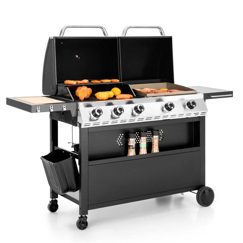 54,000 BTU Propane Gas Grill & Griddle Combo, 5-Burner Dual-Zone BBQ with 696 Sq. In. Cooking Area, Warming Rack & Prep Station