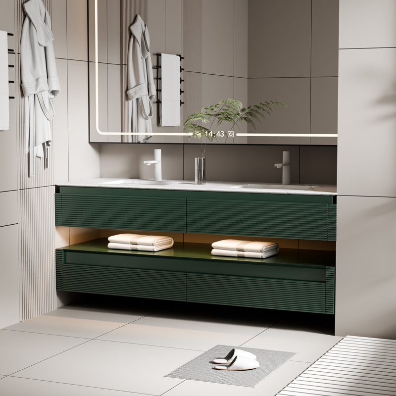 60'' Modern Solid Oak Floating Bathroom Vanity With Artificial Stone Countertop And LED Night Light, Green