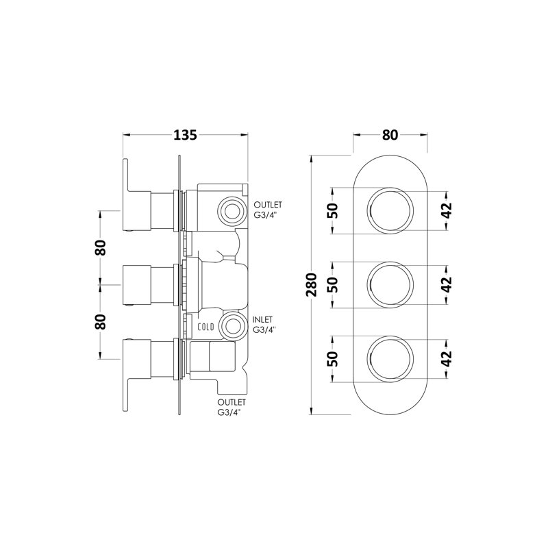 Round Valves Triple Concealed Diverter Shower Valve