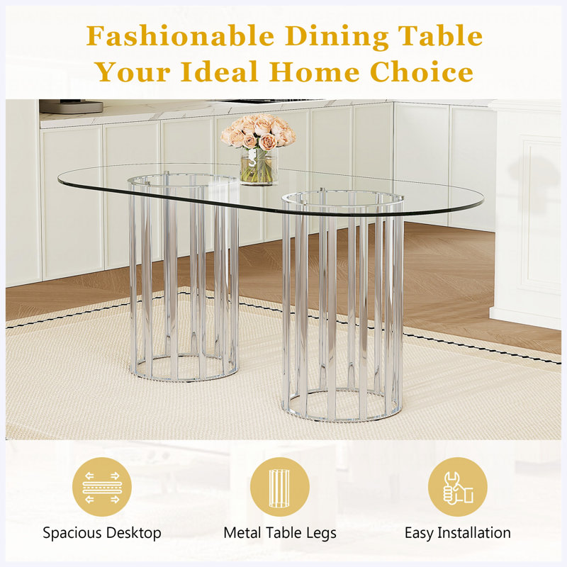 Ensemble de table de salle à manger de 71 po en verre trempé ovale avec 8 chaises en polyuréthane blanc, pieds en métal argenté, style luxueux