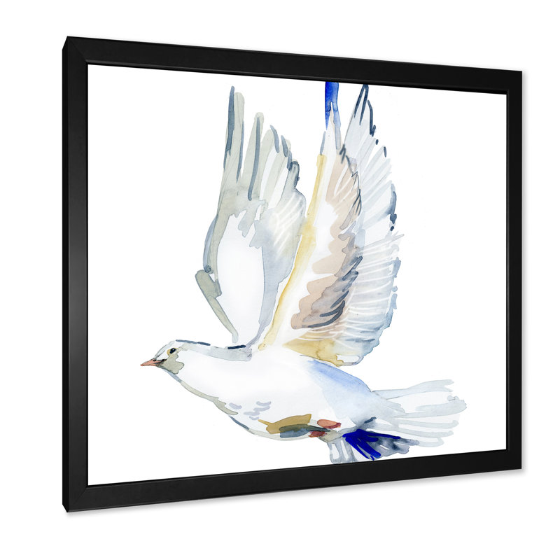 Colombe blanche en vol IV - On, Toile avec cadre noir, H 16 po x l 16 po x P 1 po