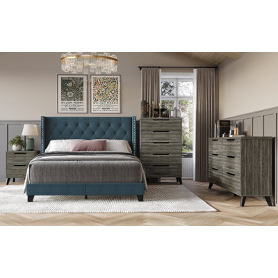 Castle Place Full Wingback Bedroom Set with Nightstand, Dresser and Chest, Linen