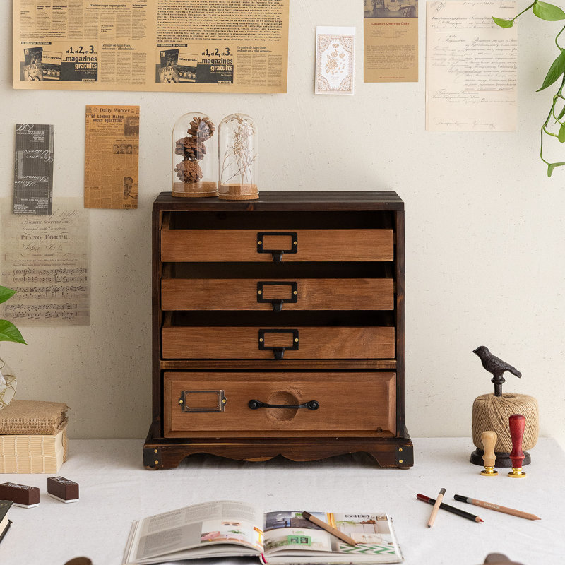 Organiseur de bureau vintage en bois massif à 4 tiroirs, 35,5 cm de large