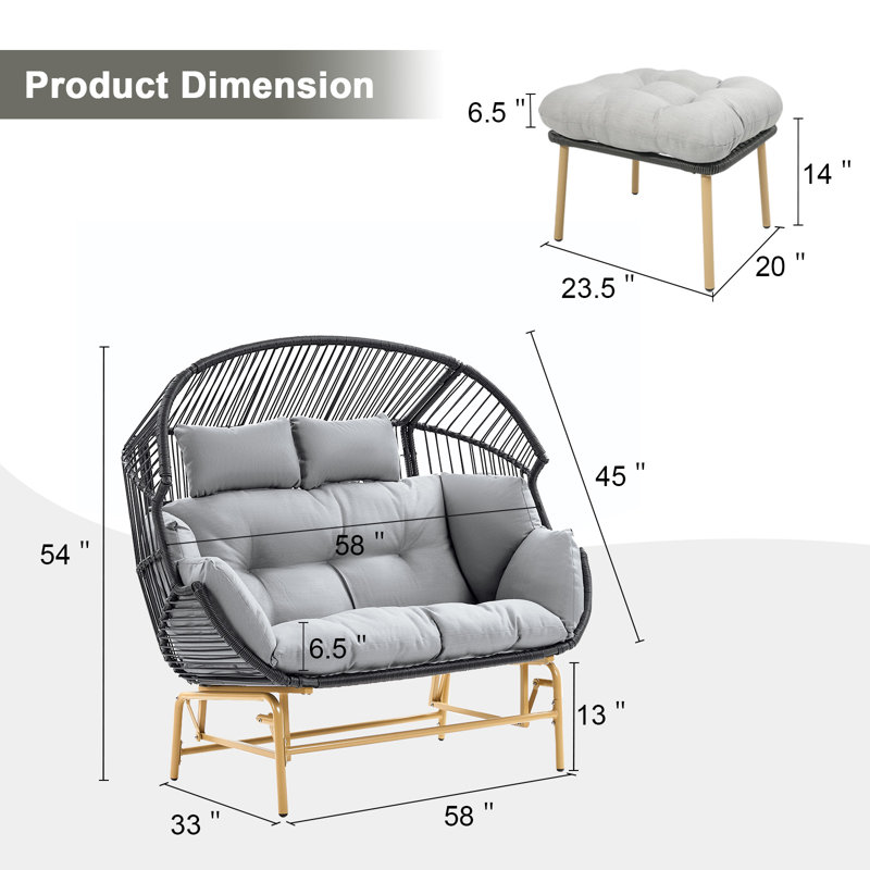 Corenda Hammock Double Swing Chair with Ottomans, Gray, Dark Gray/Yellow