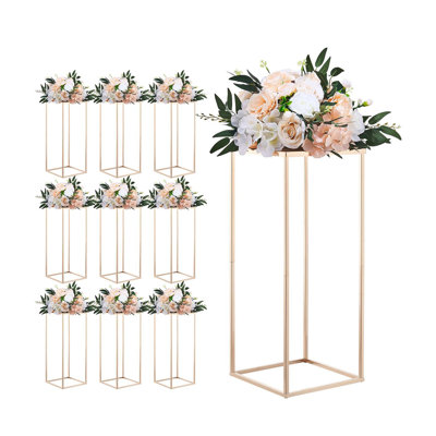 10-Piece Gold Metal Wedding Flower Stand Set - 23.6" Tall Rectangular Column Centerpiece Pedestals for Aisle, Reception & Event Decor