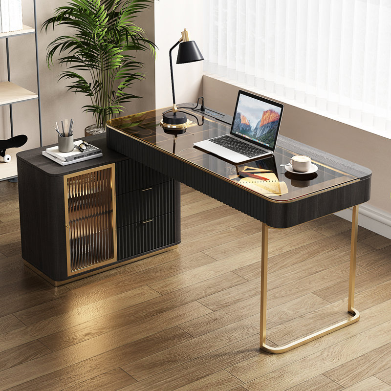 Dibora Glass Excutive Desk with Built in Outlets, 29.5" H x 53.1" W x 23" D, Black/Gold