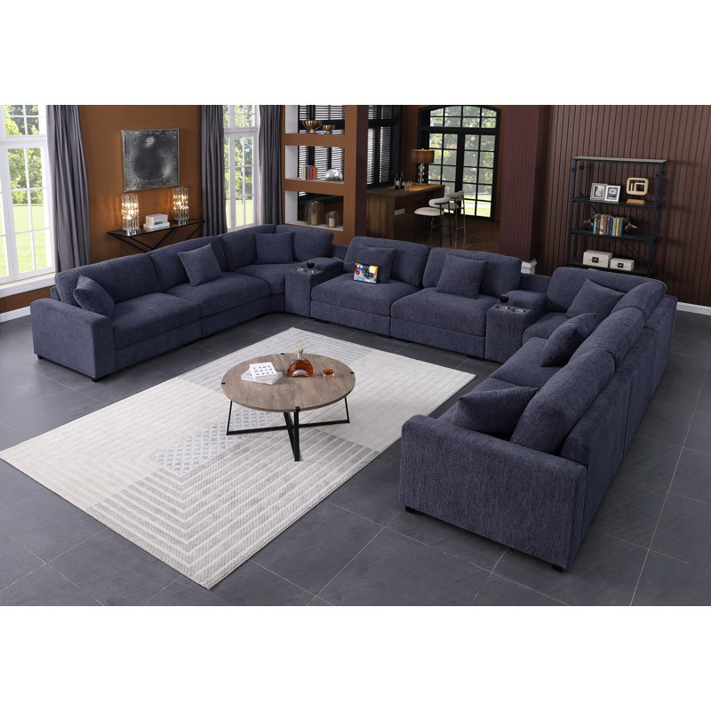 Canapé modulaire d'angle rembourré moderne avec deux consoles Cloud, Chenille bleu foncé