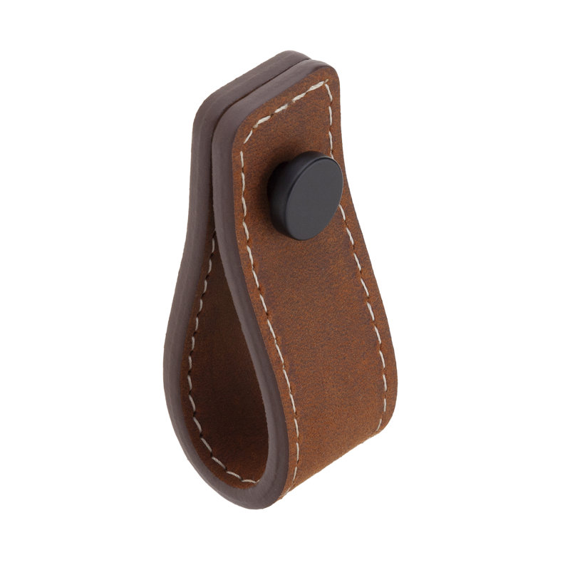 Saddle Leather 2" Length Matte Black Loop Drawer Pull, Brown/Black