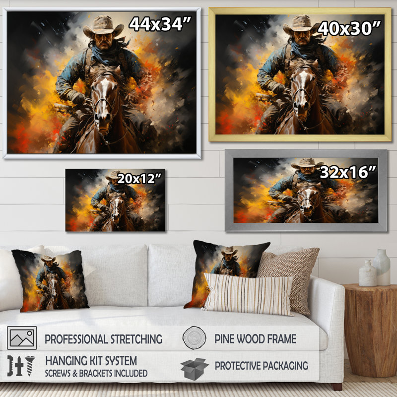 «Western Rodeo Spirit Pointillism Art», reproduction d'art sur toile, Toile tendue, H 34 po x l 44 po x P 1,5 po
