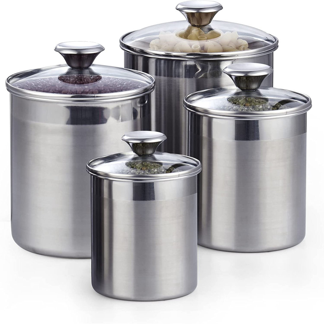 Cooks Standard Stainless Steel Food Jar Storage Canister Set Large 4-Piece, 1.6qt/2.5qt/3.5qt /5qt Airtight Containers with Glass Lid for Tea Coffee Sugar Flour Pantry Kitchen Counter Rebrilliant 