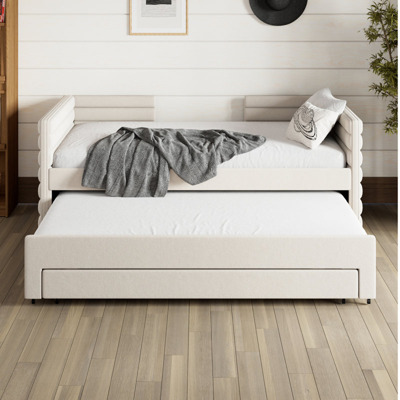Twin Size Upholstered Daybed with Trundle and 3 Storage Drawers, Short-haired Linen Fabric Sofa Bed for Guest Room, Living Room, Space-Saving Modern Day Bed Frame, No Box Spring Needed, Beige