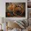 Vieille roue de chariot orange I sur bois-893489179