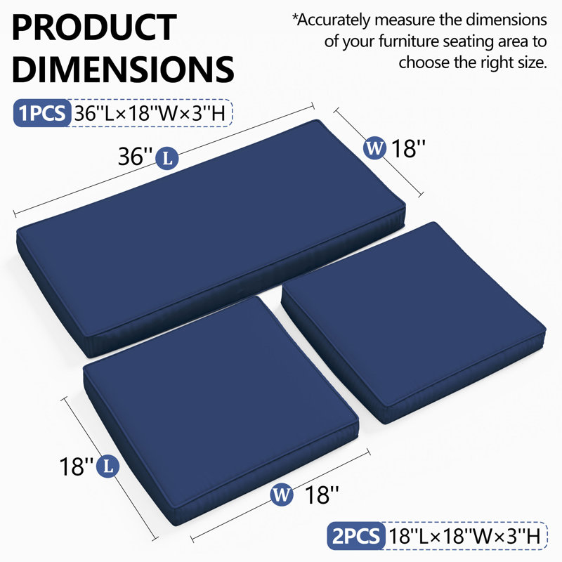 3-Piece Outdoor Seat Cushion Set, Blue