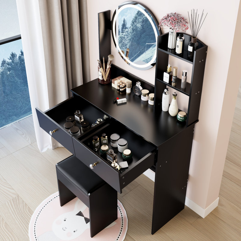 17" Round Led Mirror Dressing Table With Soft Seat, 3 - Color Adjustable Brightness System, Multi Layer High Capacity Storage For Small Office Areas, American Designed Concept, Black Makeup Unit, 6.1