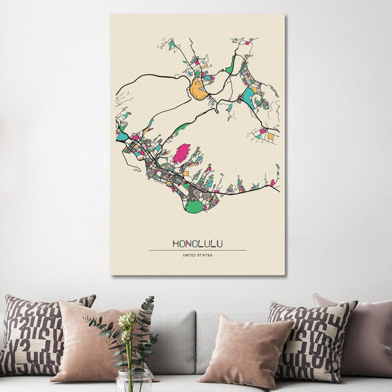 Honolulu, Hawaii Map 1 Piece Wrapped Canvas Painting, 152.5 cm H x 101.5 cm W