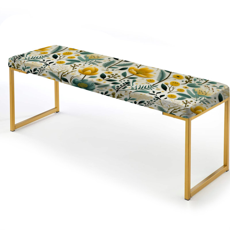 Floral Upholstered Gold Bench, Boho Botanicals Boho Greens