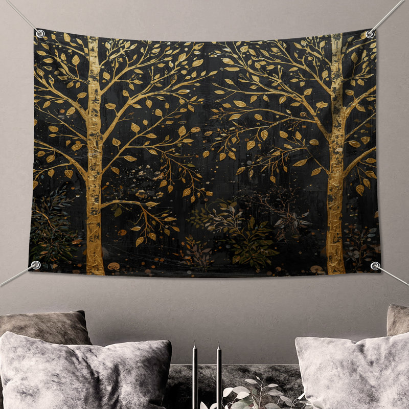 Golden Trees On Black Wall Tapestry - Foliage Wall Decor, 50in H x60in W with 4 Grommets