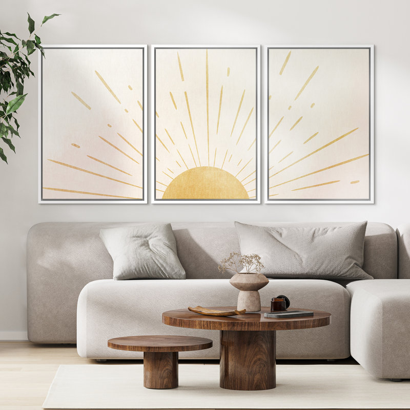 "Bright Bright Yellow Burst", Neutral Abstract , H 24 po x l 48 po, Cadre flottant, Blanc