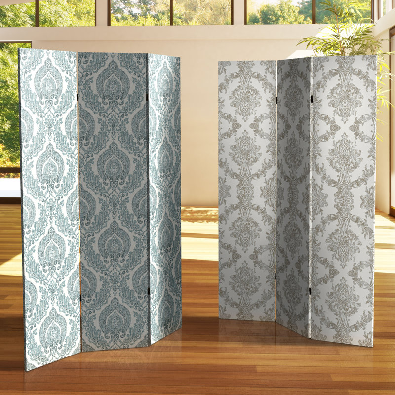 6 Ft. Tall Double Sided Ocean Damask Canvas Room Divider, Yellow