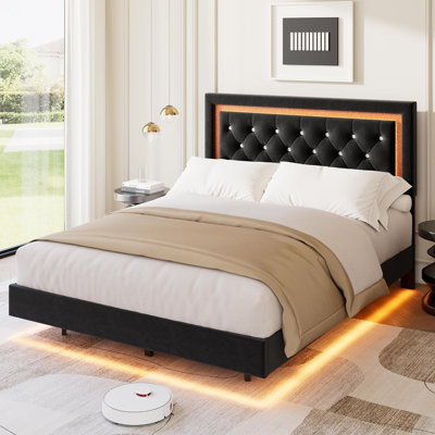 Structure de lit flottante avec lumières DEL, lit plateforme tapissier très grand avec tête de lit Diamond