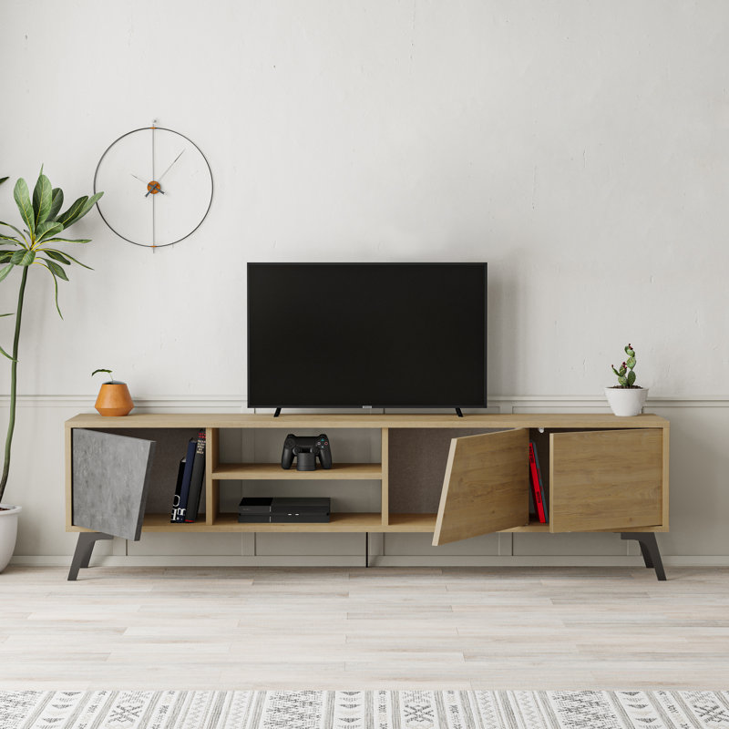 Ling 180 cm Wide Modern TV Stand Stylish Entertainment Unit for Contemporary Living Rooms, Retro Grey/Oak