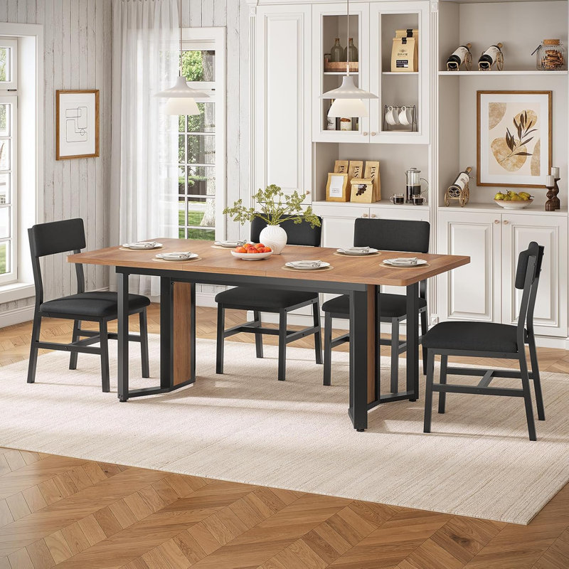 Ensemble de table de salle à manger 5 pièces pour 4 à 6 personnes, table de cuisine extensible de 63 po et 4 coussins, table de salle à manger avec panneau en MDF et structure en métal 