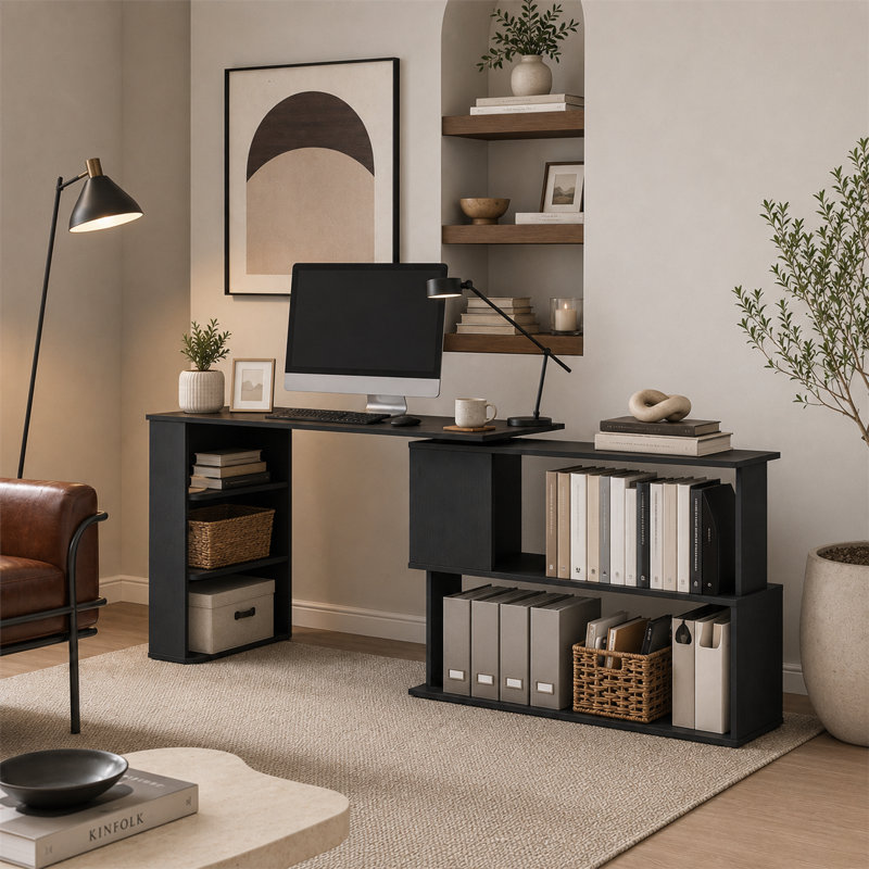 Bureau d'ordinateur pivotant à 360 degrés en forme de L avec tablettes de rangement - Bureau / poste de travail multifonctionnel noir
